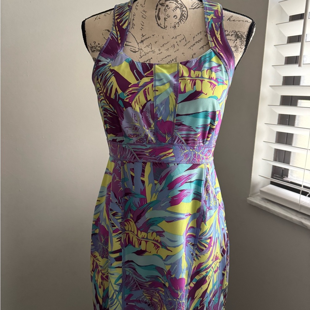 Title Nine Tropical Print One-Piece Swim Dress - Purple, Turquoise, Yellow
